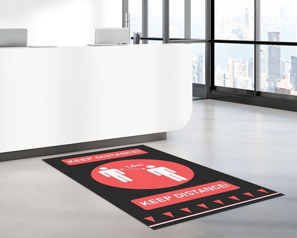 Social distancing floor mat in office reception