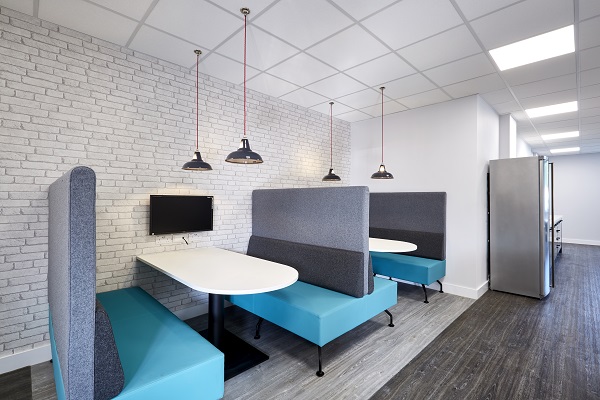 Breakout booths with low pendant lighting 